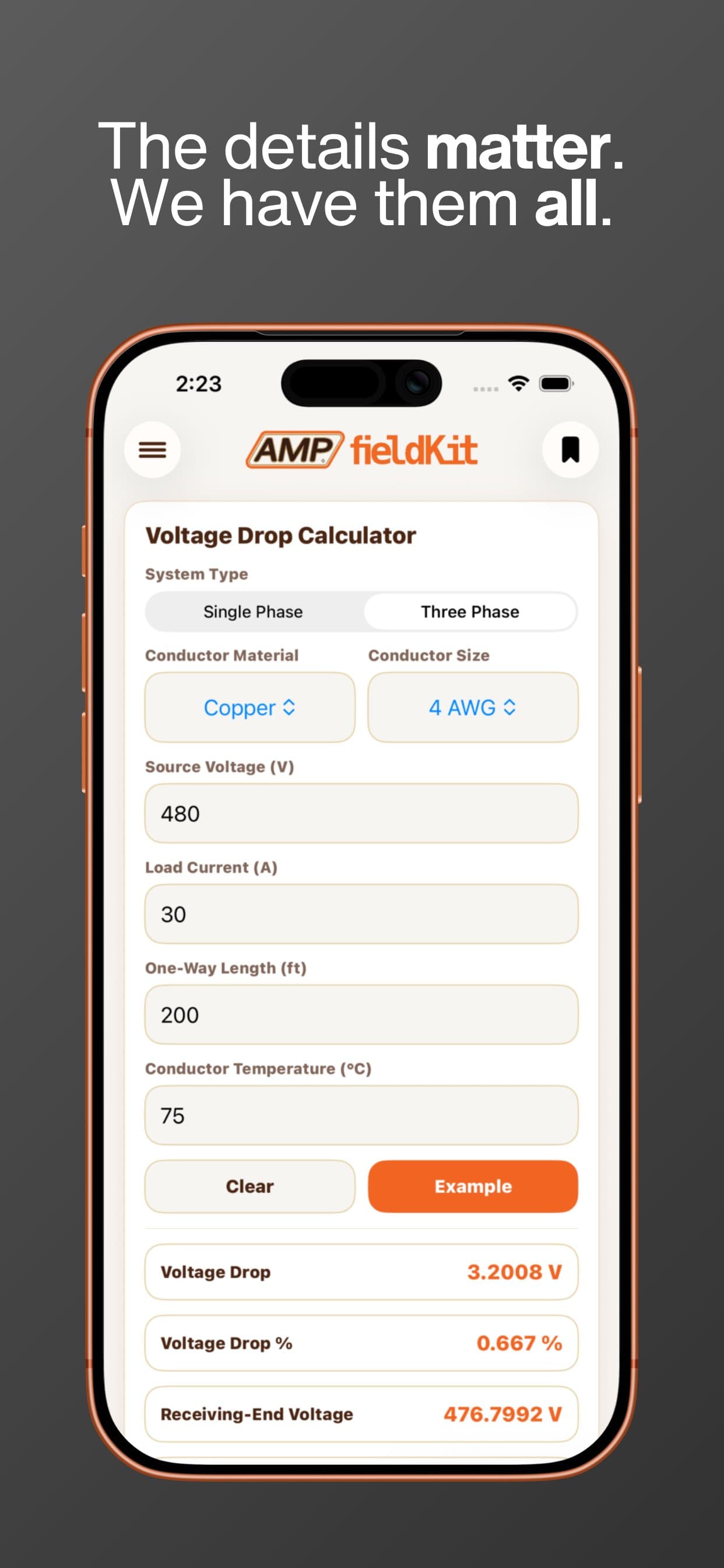 Voltage drop calculator detail